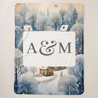Couverture Sherpa Village d'hiver avec double monogramme