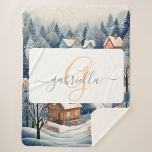 Couverture Sherpa Village d'hiver avec Monogramme et nom