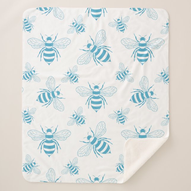 Couverture Sherpa Vintage Bee Botanical Blue (1) (Devant)