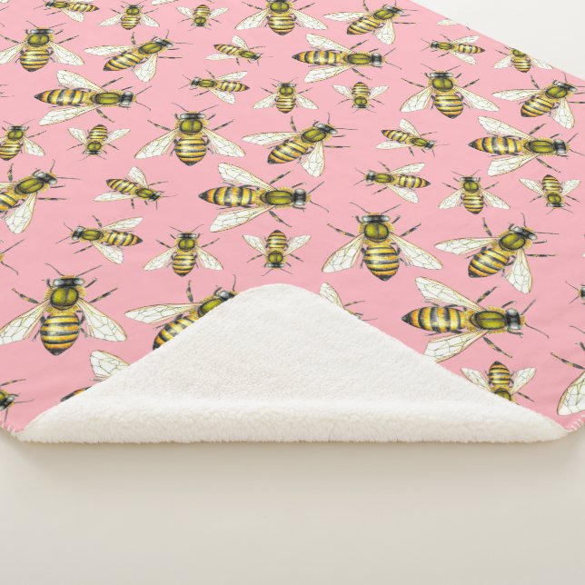Couverture Sherpa Vintage Illustré Motif d'abeilles rose Peach (3/4)
