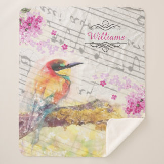 Couverture Sherpa Vintage oiseau sur les fleurs roses de l'arbre déc