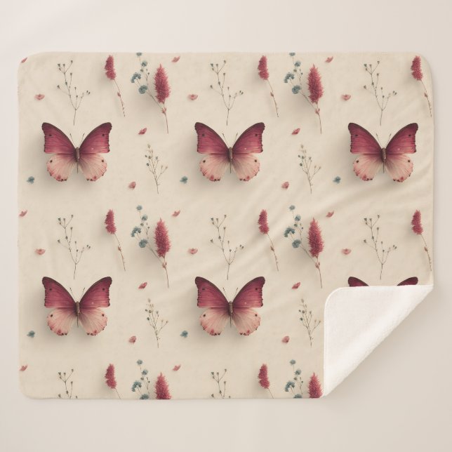 Couverture Sherpa Vintage Spring Flowers & Blush Butterfly (Devant (Horizontal))