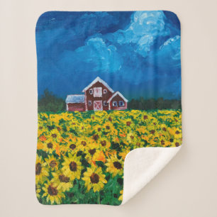 Couverture Sherpa western country red barn summer sunflower field