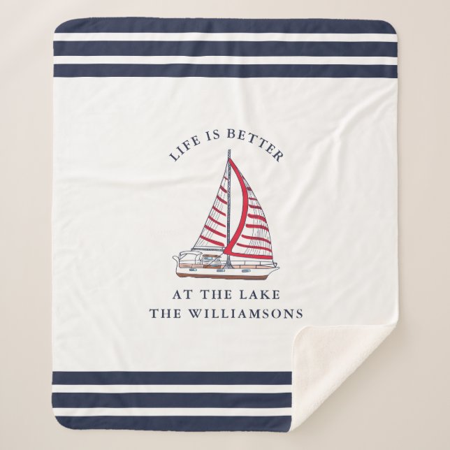 Couverture Sherpa White Navy Blue Red Life est meilleur au lac (Devant)