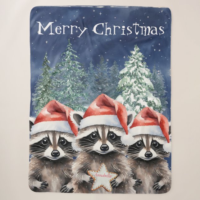 Couverture Sherpa Woodland Raccoon Joyeux Noël Personnalisé (Devant)