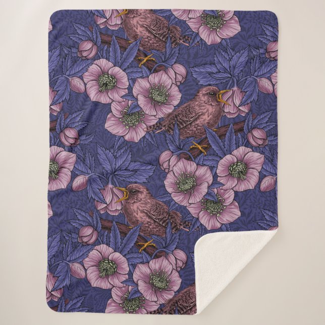 Couverture Sherpa Wren et hellebore, violet et rose (Devant)