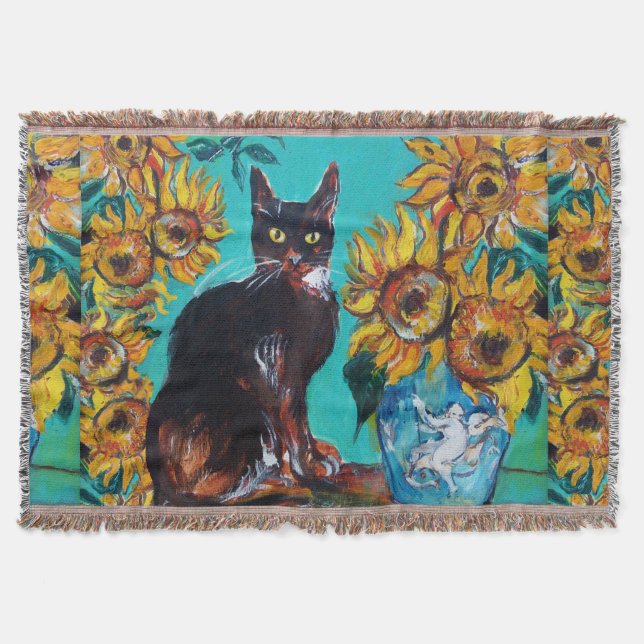 COUVERTURE SOUCHES AVEC CHAT NOIR EN TURQUOISE BLEUE (Devant)