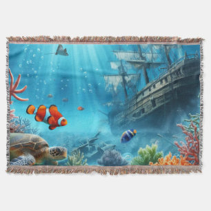 Couverture Sous la mer, tortue, corail, bateau, poisson clown