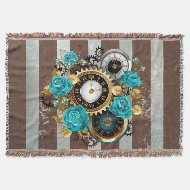 Couverture Steampunk Clock and Turquoise Roses on Striped (Devant)