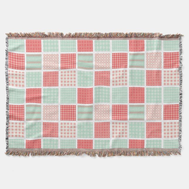 Couverture Style Patchwork Motif Carré rouge et bleu (Devant)
