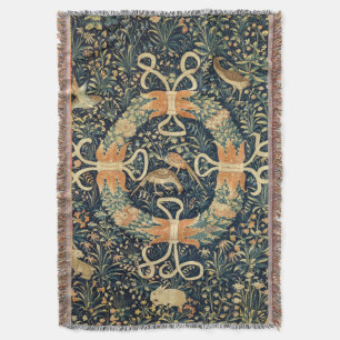 Couverture Tapisserie médiévale avec fleurs, oiseaux et lapin