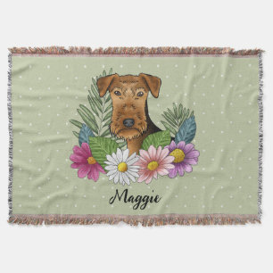 Couverture Terrier Airedale avec des fleurs colorées et nom