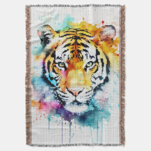 Couverture Tête de Tigre Aquarelle Colorée dans un Style Géom