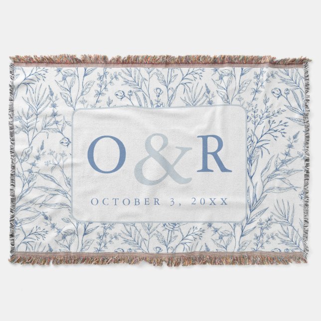 Couverture Toile Bleu & Blanc Toile Floral Français Monogramm (Devant)