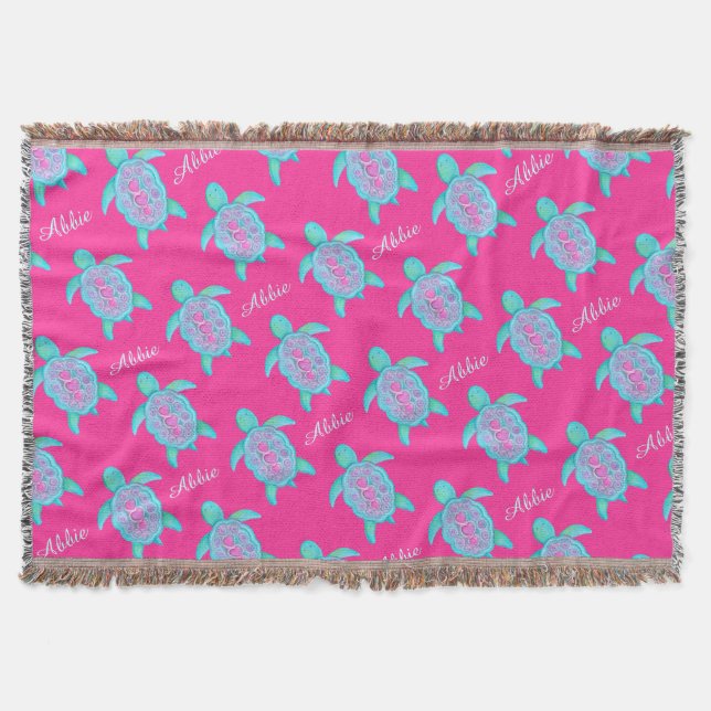 Couverture Tortue aquarelle nom de l'art motif rose aqua jeté (Devant)