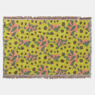 Couverture Tournesol Floral Dessiné à la Main Vert Jaune