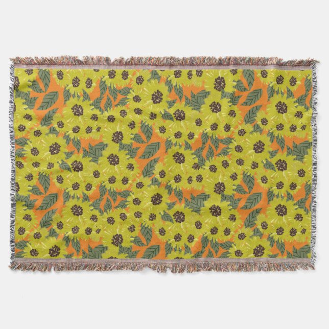 Couverture Tournesol Main Tiré Floral Vert Jaune Orange (Devant)