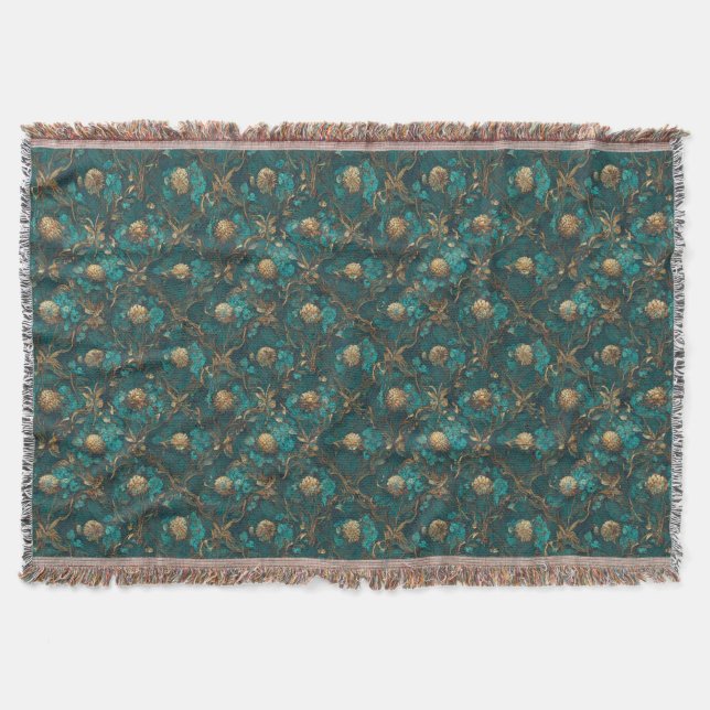 Couverture turquoise et or à lancer Floral (Devant)
