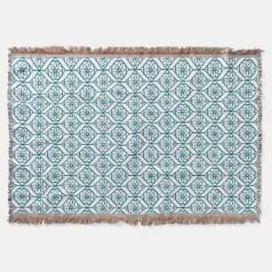 Couverture Turquoise sur Motif ethnique blanc, Fleurs, Chevro