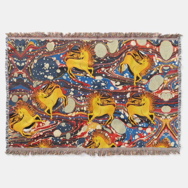 COUVERTURE UNICORNES D'OR, EFFETS MARBÉS BLEU ROUGE, CERCLES (Devant)