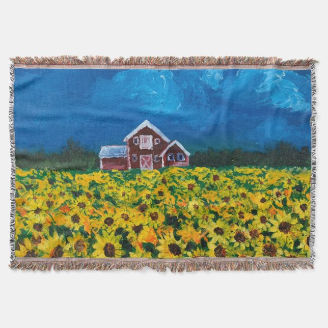 Couverture western country red barn summer sunflower field (Devant)