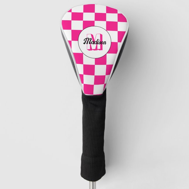 Couvre-club De Golf à damiers rose chaud blanc rétro Monogram (Devant)