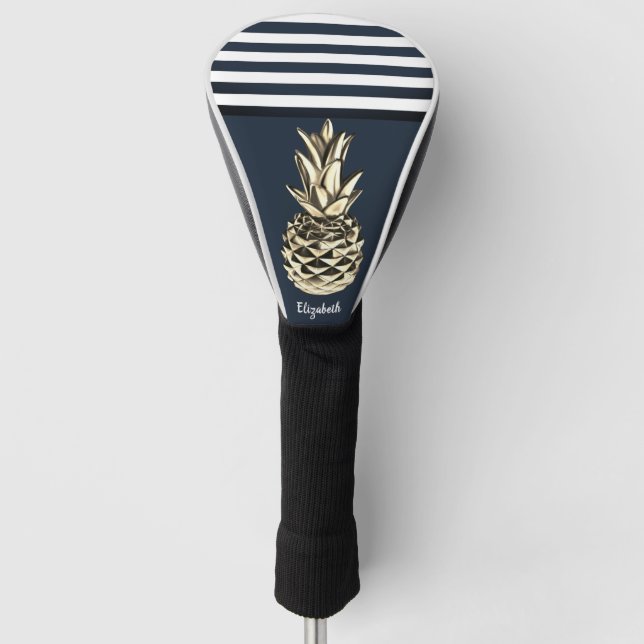 Couvre-club De Golf Ananas Métallique Or Marine Bleu Stripes (Devant)