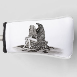 Couvre-club De Golf Angel, perdu dans la pensée, noir et blanc Design