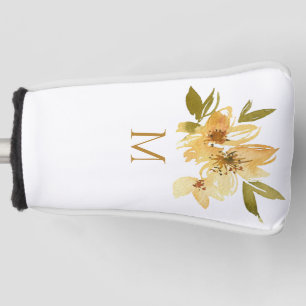 Couvre-club De Golf Aquarelle Monogramme de fleurs jaunes et de cuivre