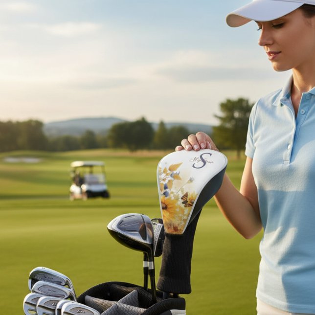 Couvre-club De Golf Autumn Sunflower Monogram (Autumn sunflower butterfly golf club cover)