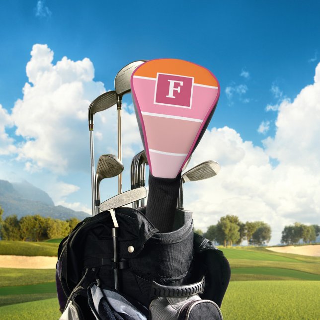 Couvre-club De Golf Bandes en rose, blanc et orange avec Monogramme (monogrammed driver head cover in pink and orange)