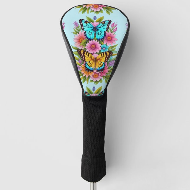 Couvre-club De Golf Belles Fleurs Et Papillons (Devant)