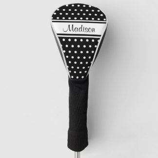 Couvre-club De Golf Black White Polka Dot Stripe Script Name