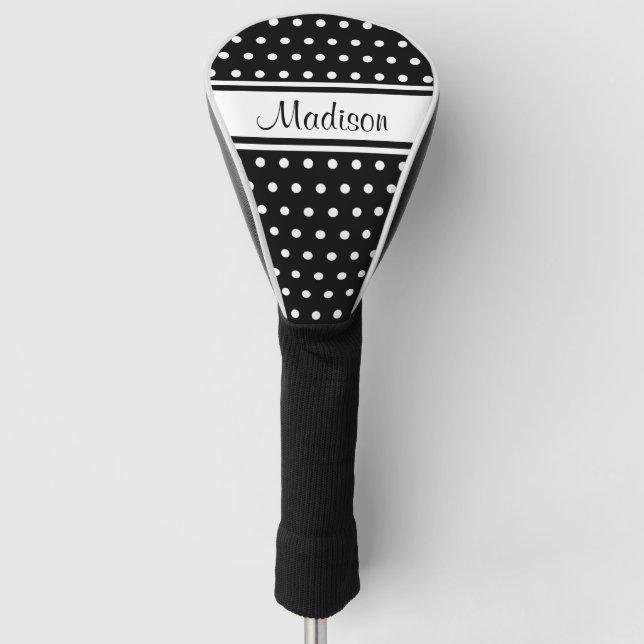 Couvre-club De Golf Black White Polka Dot Stripe Script Name (Devant)