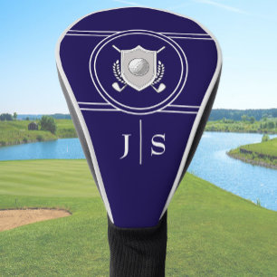 Couvre-club De Golf Blason Monogrammé Moderne Élégant Bleu et Blanc
