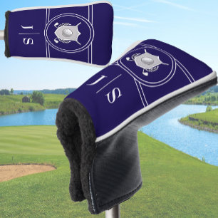 Couvre-club De Golf Blason Monogrammé Moderne Élégant Bleu et Blanc