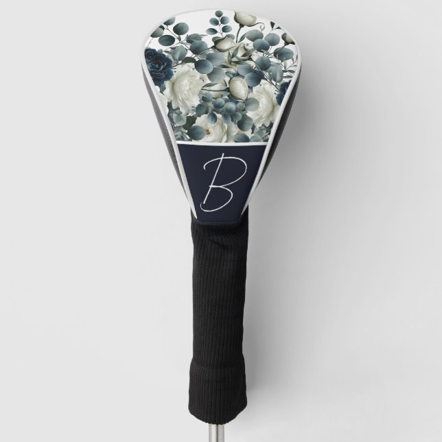 Couvre-club De Golf Bleu foncé et blanc Vert floral moderne (Devant)
