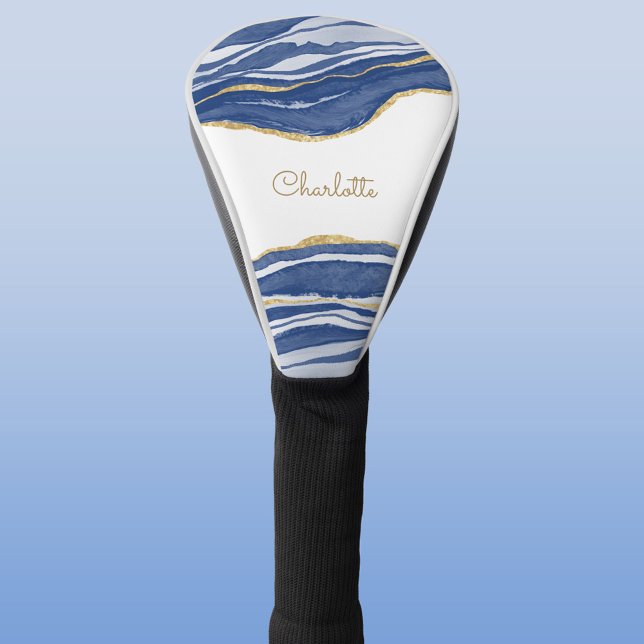 Couvre-club De Golf Bleu Marbre Agate Parties scintillant or Personnal (Blue watercolor agate marble personalized name golf head cover)