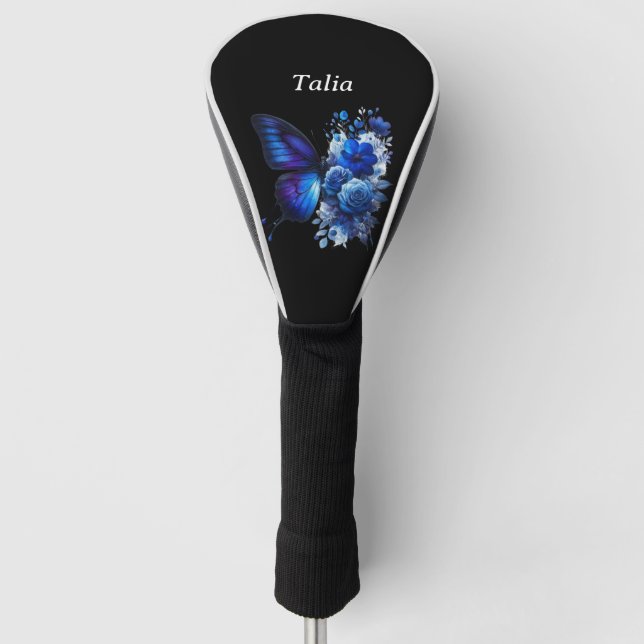 Couvre-club De Golf Bleu sur Papillon floral noir Personnalisé (Devant)