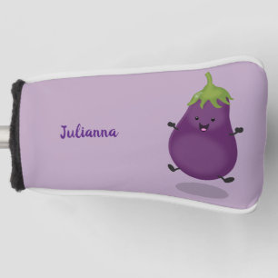 Couvre-club De Golf Caricature d'aubergine d'aubergine joliment heureu