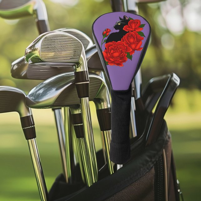 Couvre-club De Golf Chat noir Roses rouges pourpres (Créateur téléchargé)