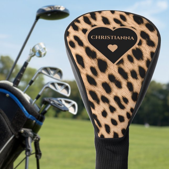 Couvre-club De Golf Cheetah Imprimer Motif Tan Brown & Coeur noir (Cheetah Print Pattern Tan Brown & Black Heart Golf Head Cover)