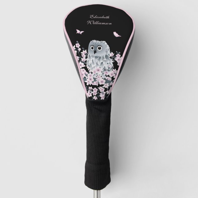 Couvre-club De Golf Chouette mignonne Fleur de cerisier rose noir  (Devant)