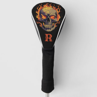 Couvre-club De Golf Crâne gothique foncé en flammes Monogramme initial