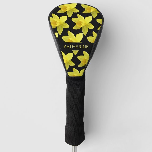 Couvre-club De Golf Daffodiques jaunes Nom personnalisé Noir (Devant)