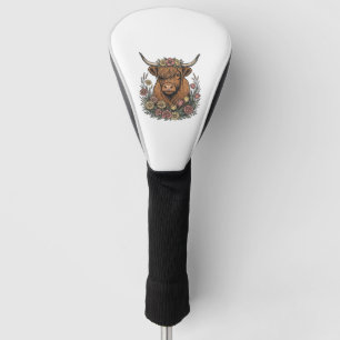 Couvre-club De Golf Dessin de gravure vintage de vache highland floral