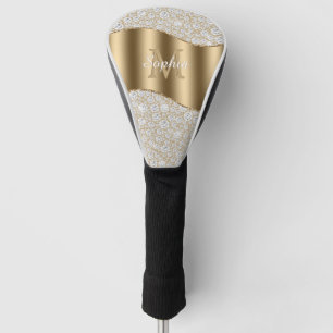 Couvre-club De Golf Diamants, Grand Monogramme Or, Nom De Script Blanc