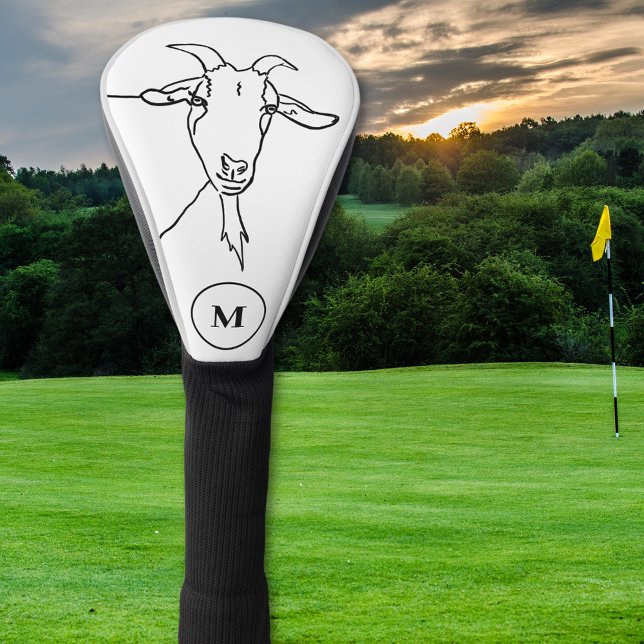 Couvre-club De Golf drôle Chèvre noir et blanc monogramme initial (Funny goat black and white monogram custom gold head cover with simple line art farm goat animal art)