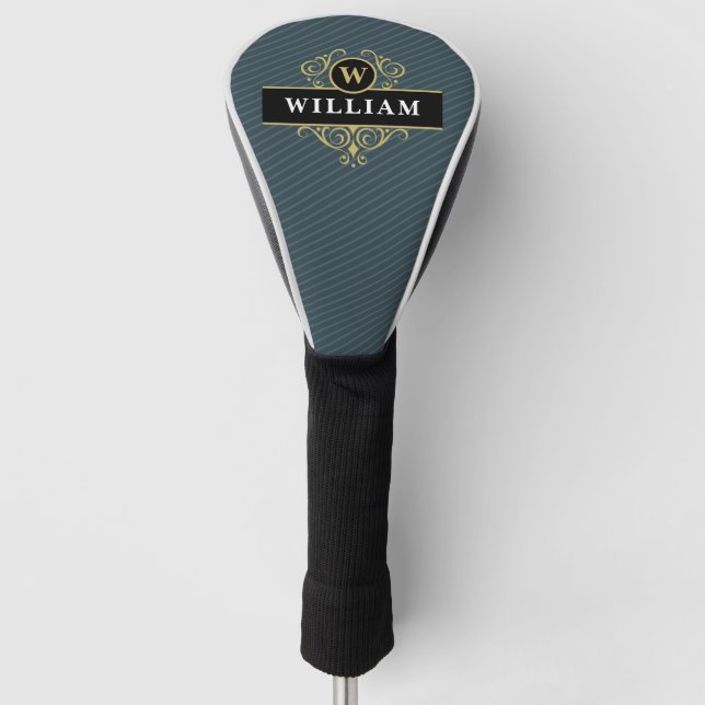 Couvre-club De Golf Élégant Monogramme Black Gold Blue Pinstripe (Devant)