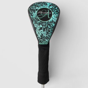 Couvre-club De Golf Élégant Monogramme floral bleu turquoise et noir  